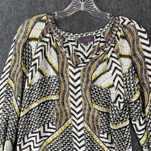 Hale Bob Womens Silk Sheer Abstract Print Blouse Yellow White Black Size XS EUC - Picture 2 of 8